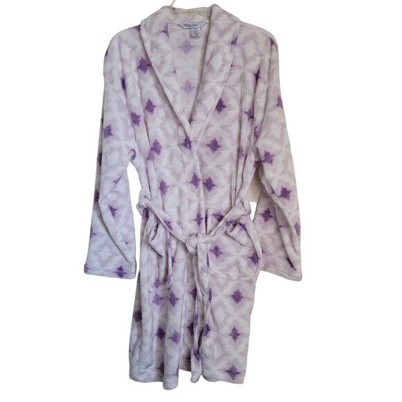 Hotel Spa Collection Plush Soft Robe White and Purple Diamonds Tie Belt One Size - Picture 1 of 5